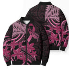 Aotearoa Maori Bomber Puffer Jacket Pink Fern Ribbons on Black - Aussie Hoodie