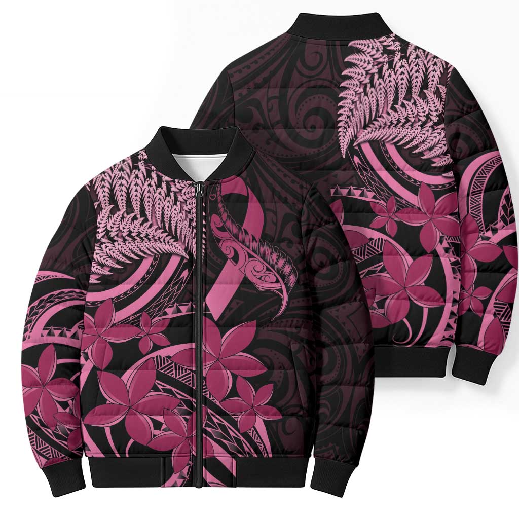 Aotearoa Maori Bomber Puffer Jacket Pink Fern Ribbons on Black - Aussie Hoodie