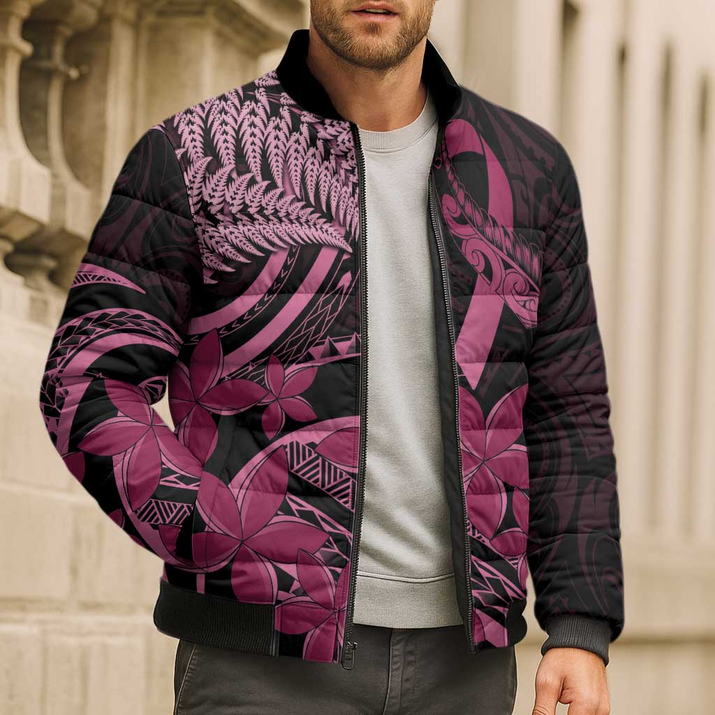 Aotearoa Maori Bomber Puffer Jacket Pink Fern Ribbons on Black - Aussie Hoodie