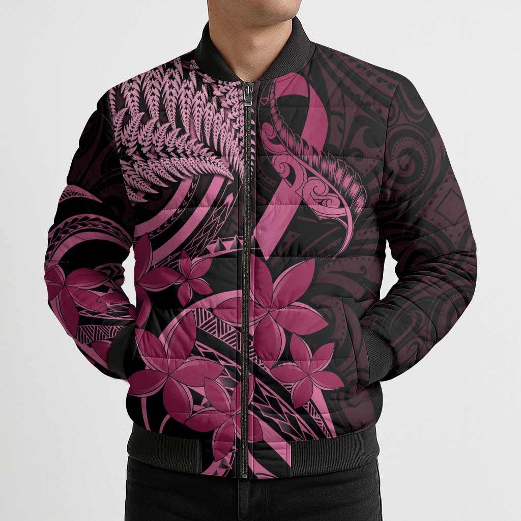 Aotearoa Maori Bomber Puffer Jacket Pink Fern Ribbons on Black - Aussie Hoodie