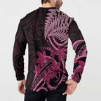 Aotearoa Maori Button Sweatshirt Pink Fern Ribbons on Black - Aussie Hoodie