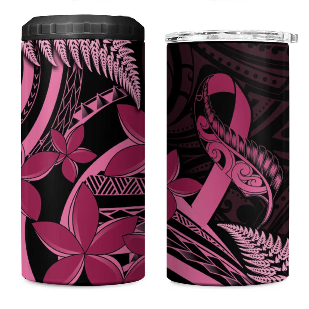 Aotearoa Maori 4 in 1 Can Cooler Tumbler Pink Fern Ribbons on Black - Aussie Hoodie