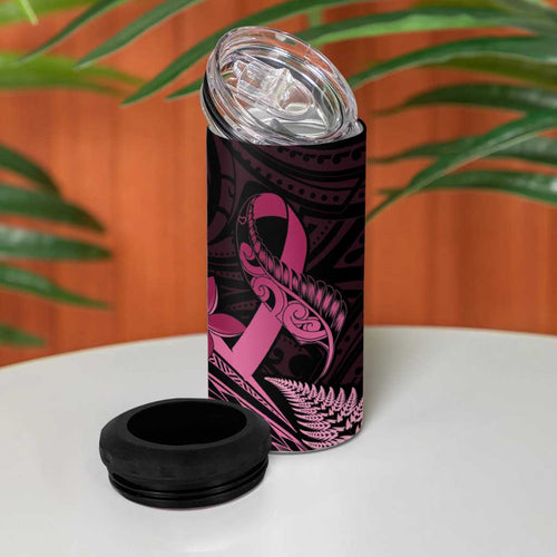Aotearoa Maori 4 in 1 Can Cooler Tumbler Pink Fern Ribbons on Black - Aussie Hoodie