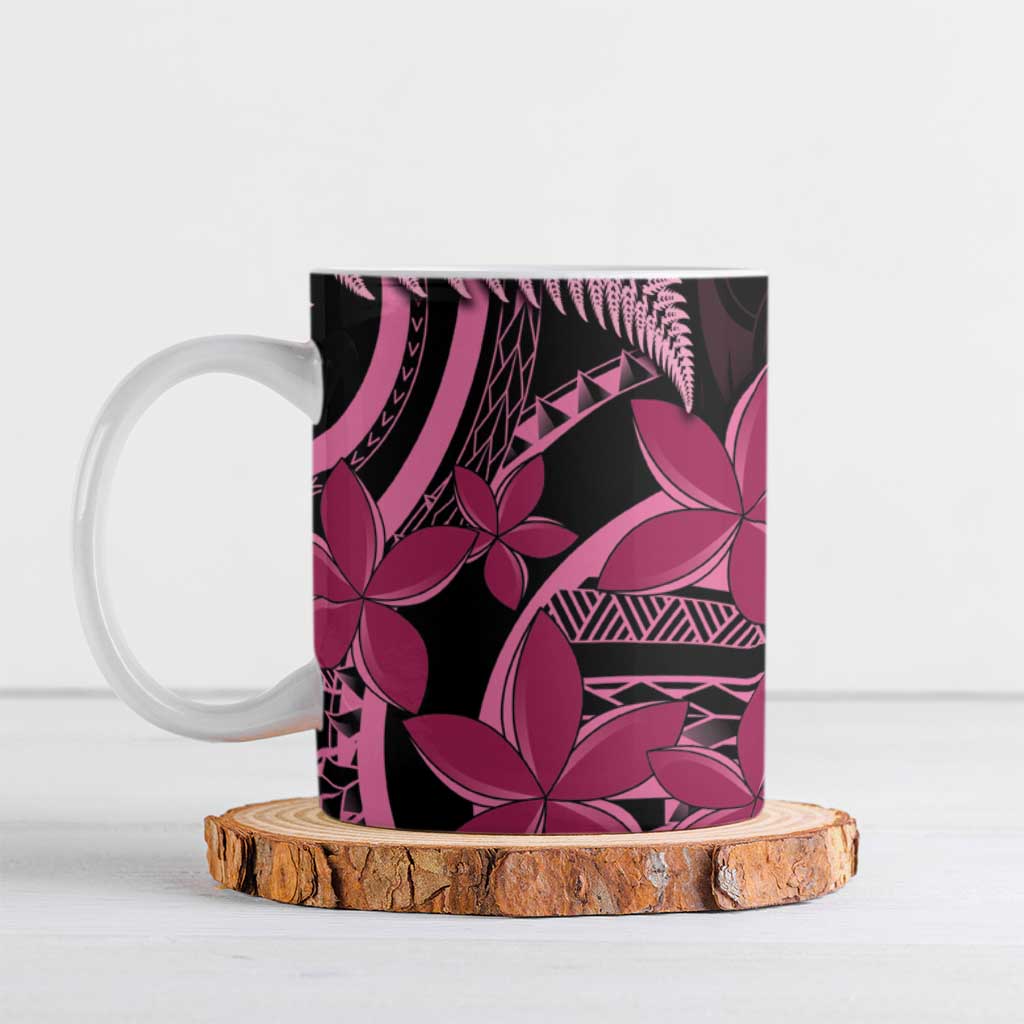 Aotearoa Maori Ceramic Mug Pink Fern Ribbons on Black - Aussie Hoodie