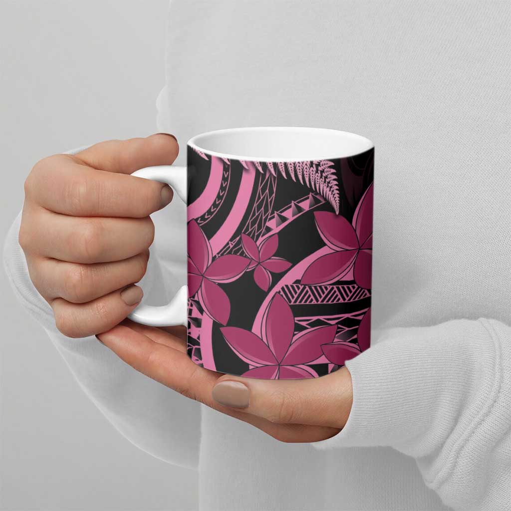 Aotearoa Maori Ceramic Mug Pink Fern Ribbons on Black - Aussie Hoodie
