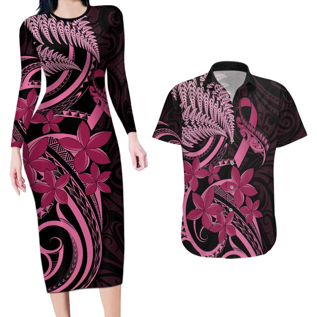 Aotearoa Maori Couples Matching Long Sleeve Bodycon Dress and Hawaiian Shirt Pink Fern Ribbons on Black - Aussie Hoodie