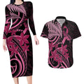 Aotearoa Maori Couples Matching Long Sleeve Bodycon Dress and Hawaiian Shirt Pink Fern Ribbons on Black - Aussie Hoodie