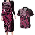 Aotearoa Maori Couples Matching Long Sleeve Bodycon Dress and Hawaiian Shirt Pink Fern Ribbons on Black - Aussie Hoodie