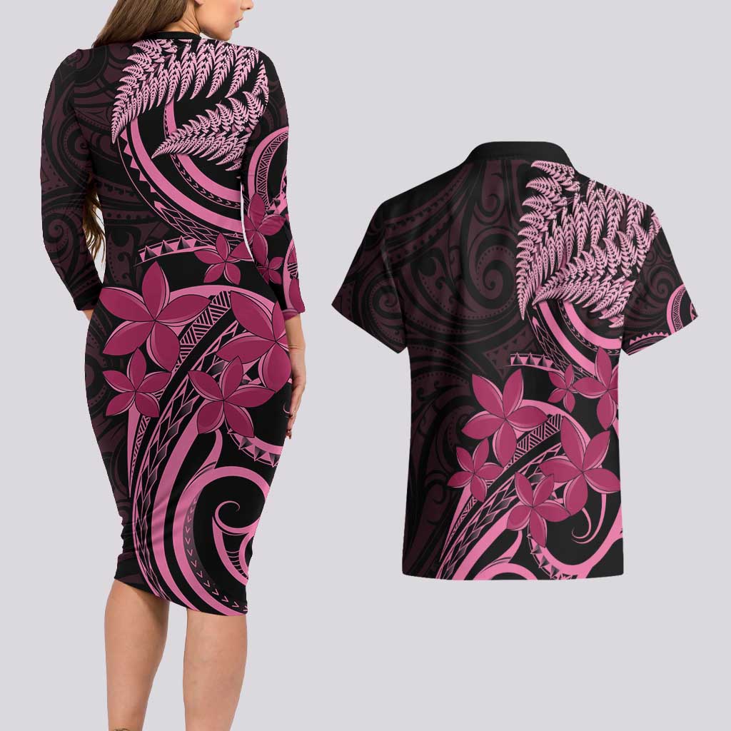 Aotearoa Maori Couples Matching Long Sleeve Bodycon Dress and Hawaiian Shirt Pink Fern Ribbons on Black - Aussie Hoodie