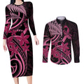 Aotearoa Maori Couples Matching Long Sleeve Bodycon Dress and Long Sleeve Button Shirt Pink Fern Ribbons on Black - Aussie Hoodie