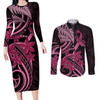 Aotearoa Maori Couples Matching Long Sleeve Bodycon Dress and Long Sleeve Button Shirt Pink Fern Ribbons on Black - Aussie Hoodie
