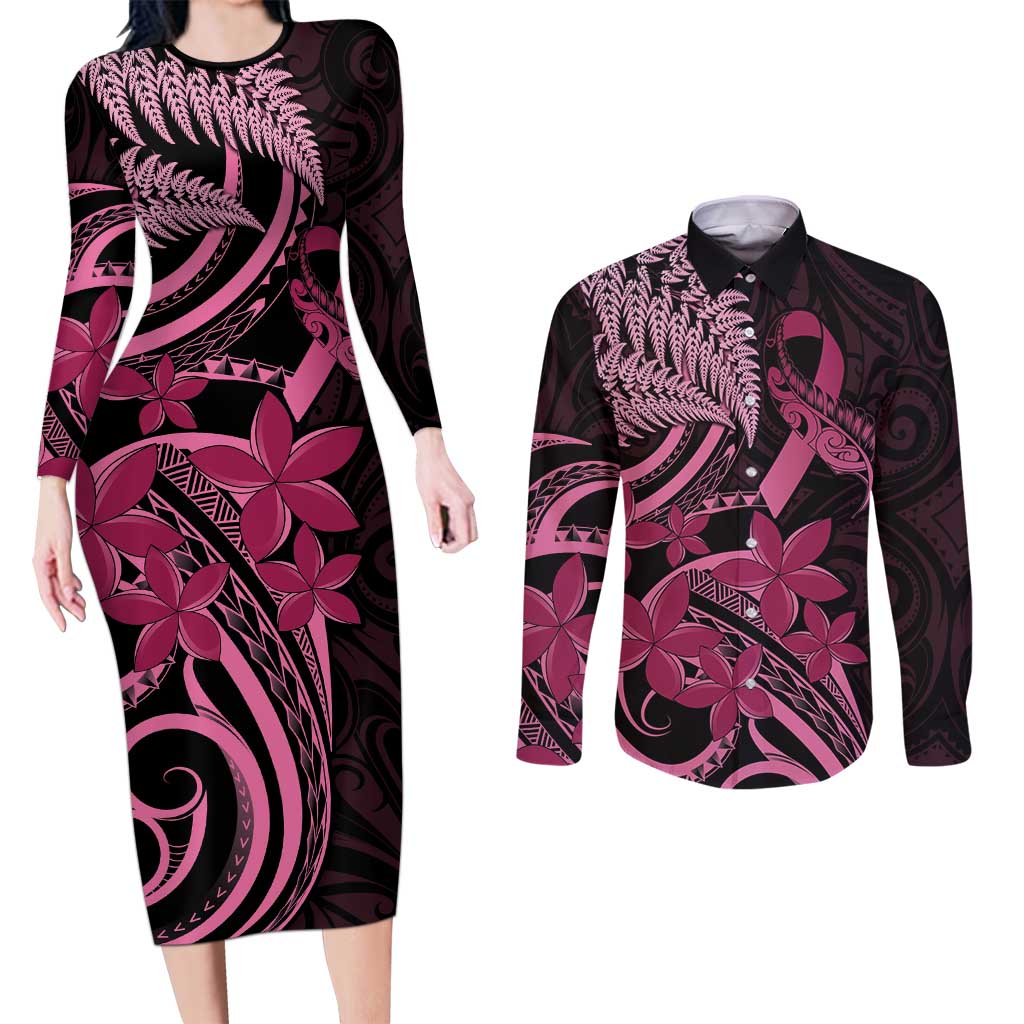 Aotearoa Maori Couples Matching Long Sleeve Bodycon Dress and Long Sleeve Button Shirt Pink Fern Ribbons on Black - Aussie Hoodie