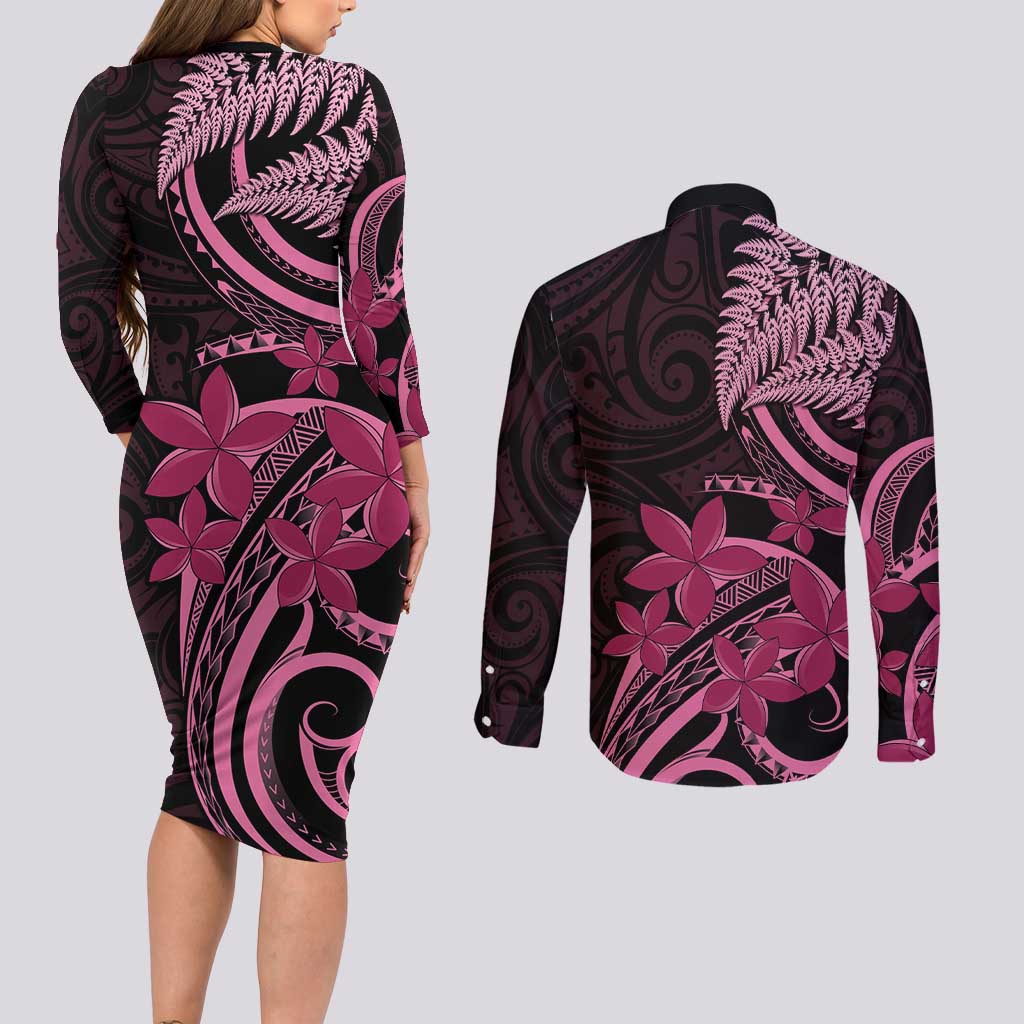 Aotearoa Maori Couples Matching Long Sleeve Bodycon Dress and Long Sleeve Button Shirt Pink Fern Ribbons on Black - Aussie Hoodie