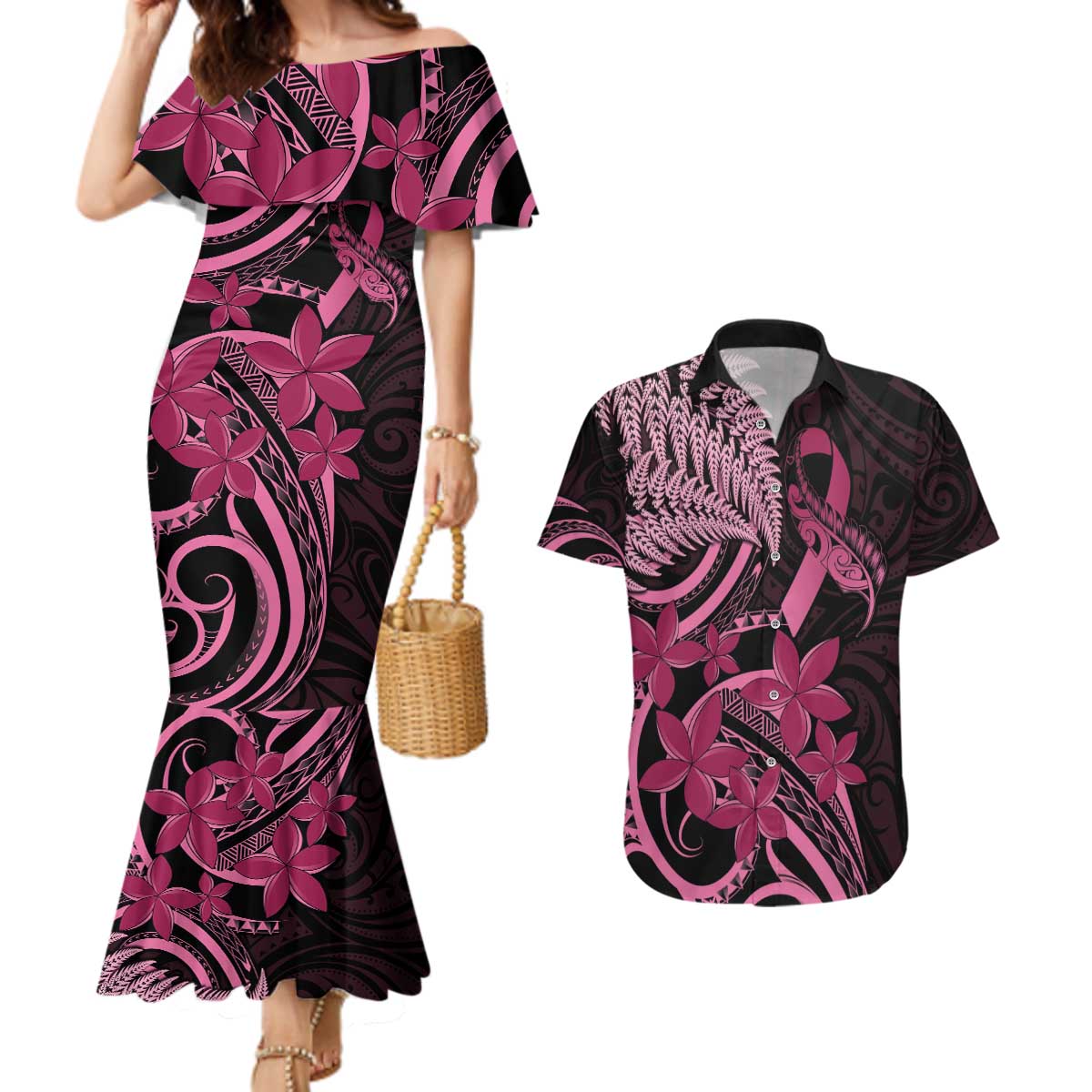 Aotearoa Maori Couples Matching Mermaid Dress and Hawaiian Shirt Pink Fern Ribbons on Black - Aussie Hoodie
