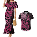 Aotearoa Maori Couples Matching Mermaid Dress and Hawaiian Shirt Pink Fern Ribbons on Black - Aussie Hoodie