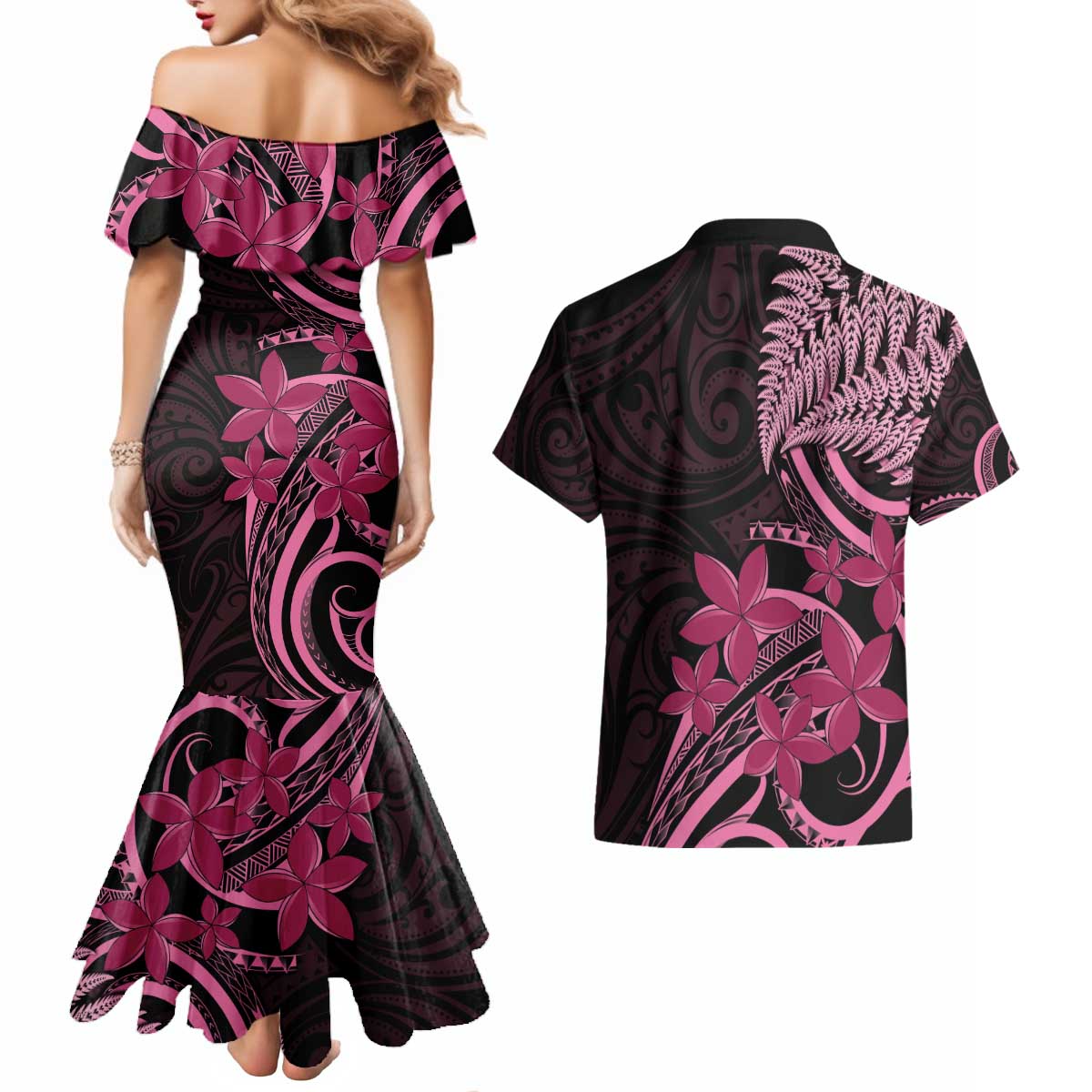Aotearoa Maori Couples Matching Mermaid Dress and Hawaiian Shirt Pink Fern Ribbons on Black - Aussie Hoodie
