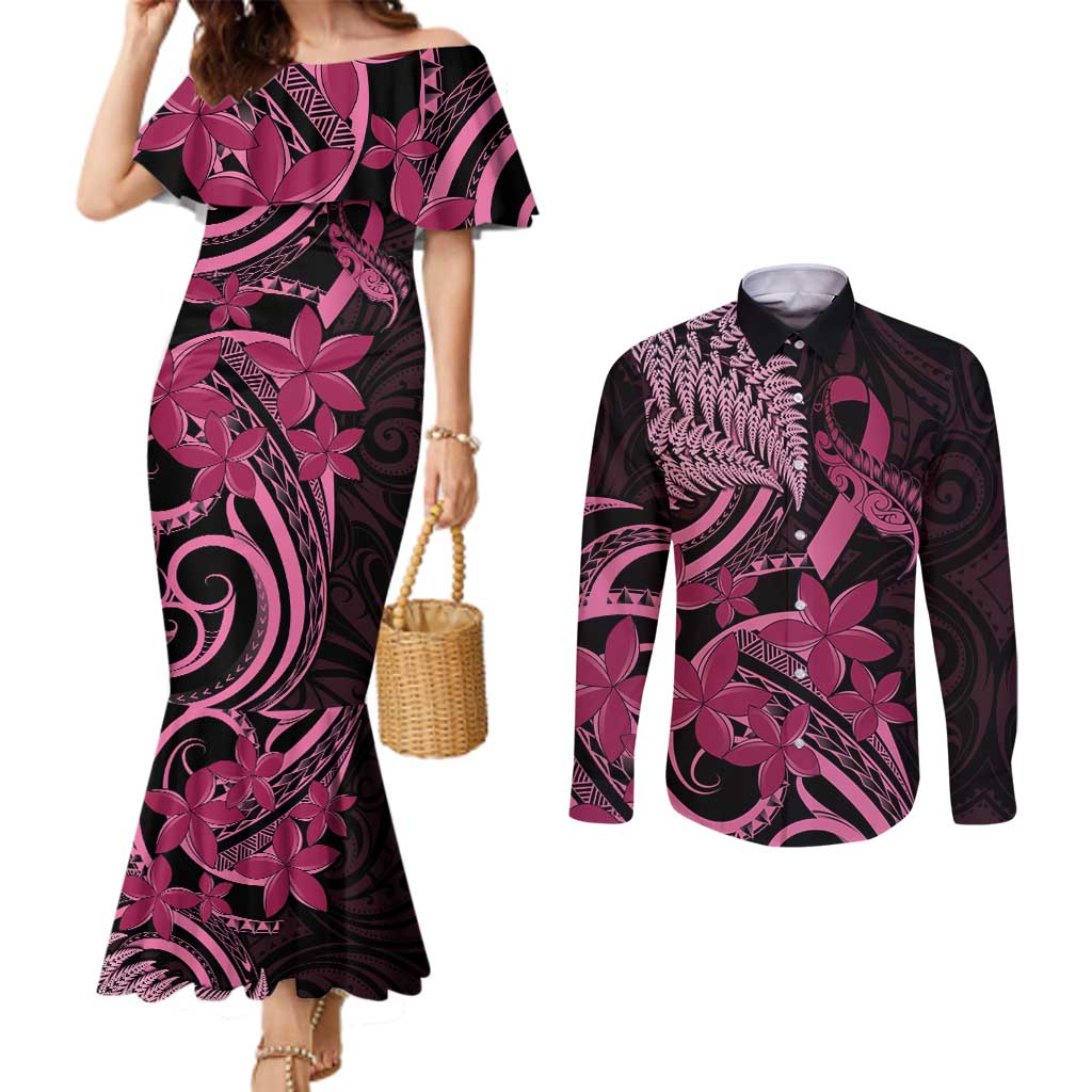 Aotearoa Maori Couples Matching Mermaid Dress and Long Sleeve Button Shirt Pink Fern Ribbons on Black - Aussie Hoodie