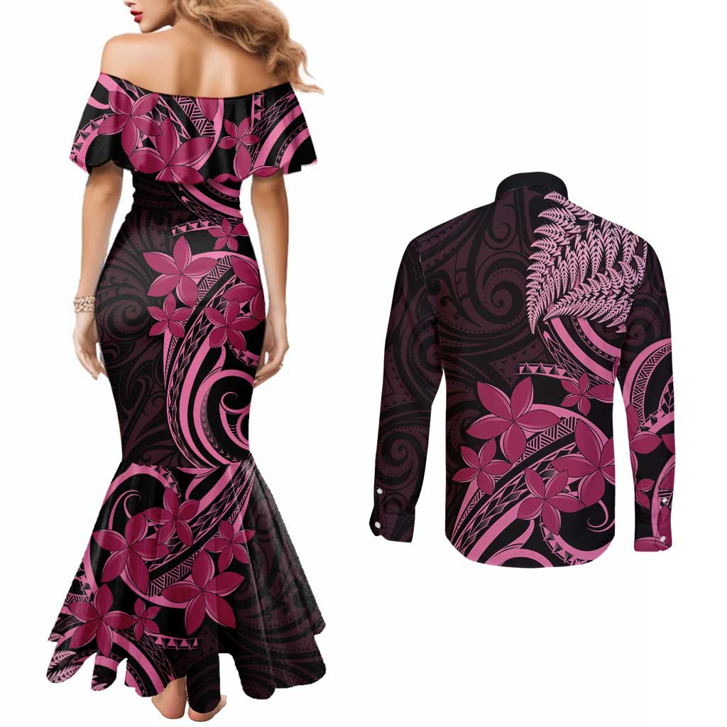 Aotearoa Maori Couples Matching Mermaid Dress and Long Sleeve Button Shirt Pink Fern Ribbons on Black - Aussie Hoodie