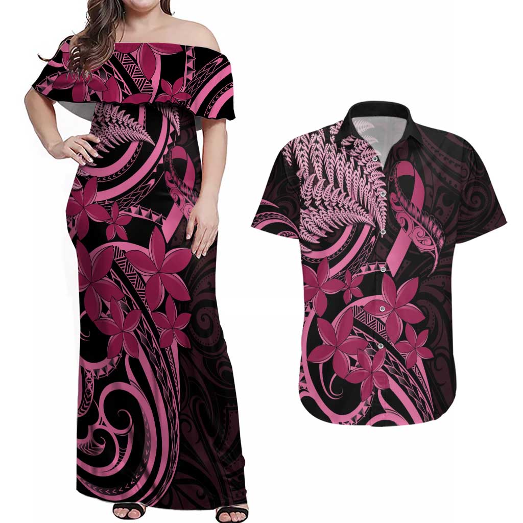Aotearoa Maori Couples Matching Off Shoulder Maxi Dress and Hawaiian Shirt Pink Fern Ribbons on Black - Aussie Hoodie