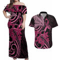 Aotearoa Maori Couples Matching Off Shoulder Maxi Dress and Hawaiian Shirt Pink Fern Ribbons on Black - Aussie Hoodie