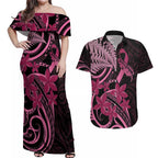 Aotearoa Maori Couples Matching Off Shoulder Maxi Dress and Hawaiian Shirt Pink Fern Ribbons on Black - Aussie Hoodie