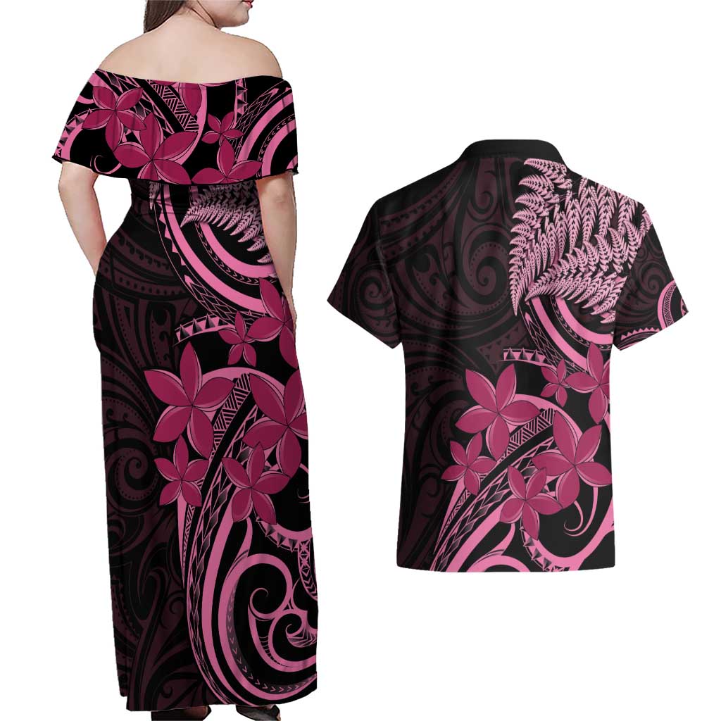 Aotearoa Maori Couples Matching Off Shoulder Maxi Dress and Hawaiian Shirt Pink Fern Ribbons on Black - Aussie Hoodie
