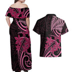 Aotearoa Maori Couples Matching Off Shoulder Maxi Dress and Hawaiian Shirt Pink Fern Ribbons on Black - Aussie Hoodie