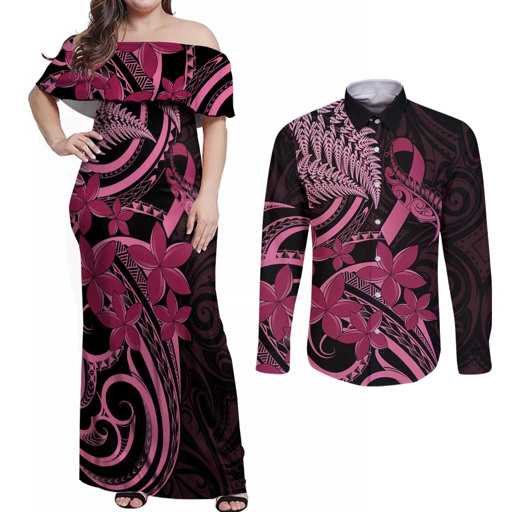 Aotearoa Maori Couples Matching Off Shoulder Maxi Dress and Long Sleeve Button Shirt Pink Fern Ribbons on Black - Aussie Hoodie