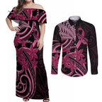 Aotearoa Maori Couples Matching Off Shoulder Maxi Dress and Long Sleeve Button Shirt Pink Fern Ribbons on Black - Aussie Hoodie