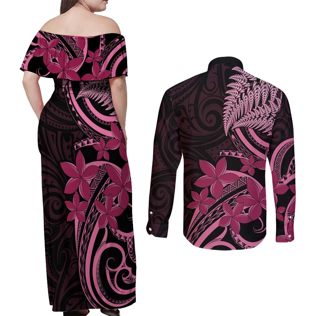 Aotearoa Maori Couples Matching Off Shoulder Maxi Dress and Long Sleeve Button Shirt Pink Fern Ribbons on Black - Aussie Hoodie