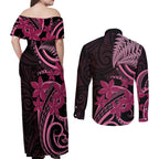 Aotearoa Maori Couples Matching Off Shoulder Maxi Dress and Long Sleeve Button Shirt Pink Fern Ribbons on Black - Aussie Hoodie