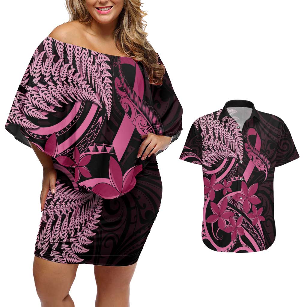 Aotearoa Maori Couples Matching Off Shoulder Short Dress and Hawaiian Shirt Pink Fern Ribbons on Black - Aussie Hoodie