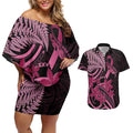 Aotearoa Maori Couples Matching Off Shoulder Short Dress and Hawaiian Shirt Pink Fern Ribbons on Black - Aussie Hoodie
