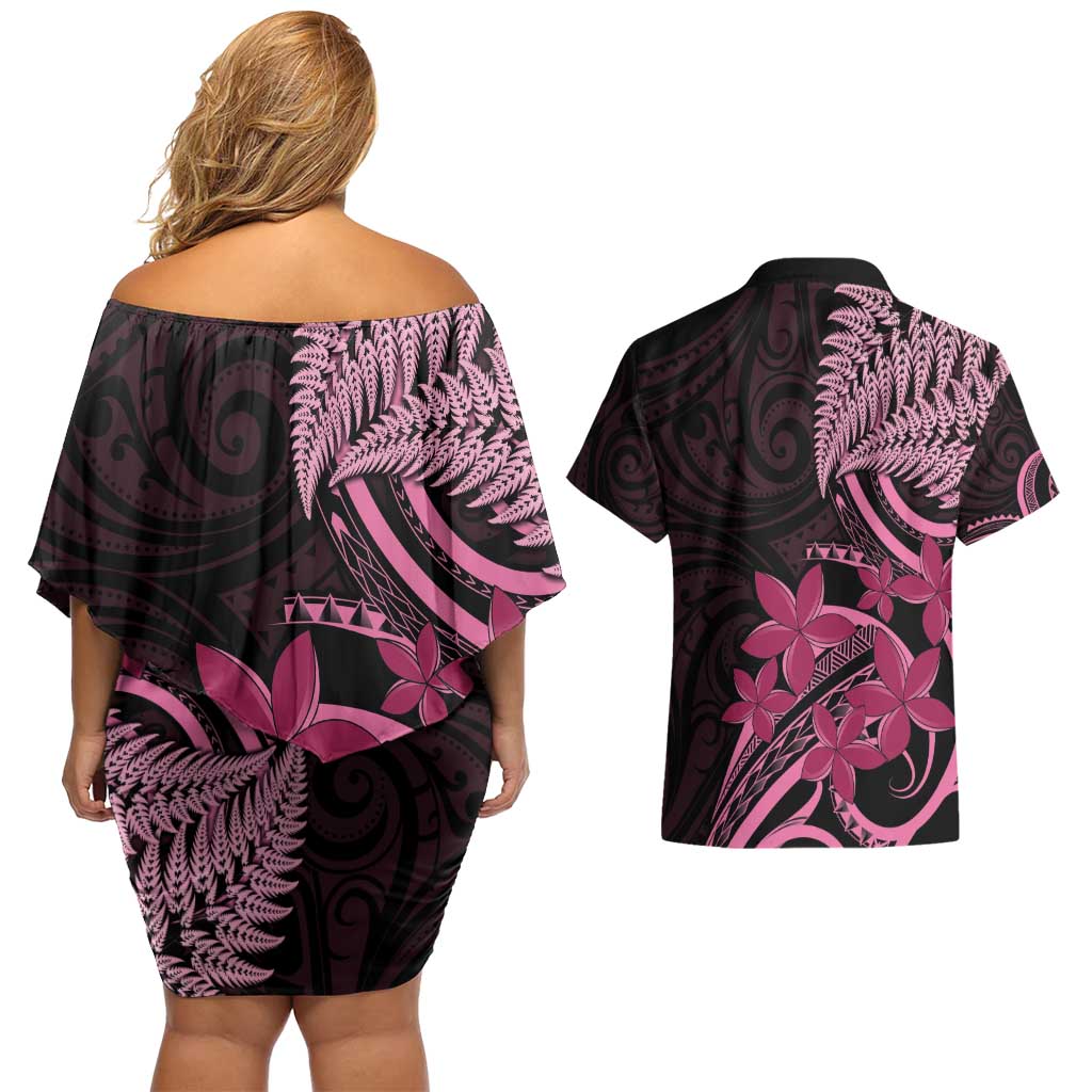 Aotearoa Maori Couples Matching Off Shoulder Short Dress and Hawaiian Shirt Pink Fern Ribbons on Black - Aussie Hoodie