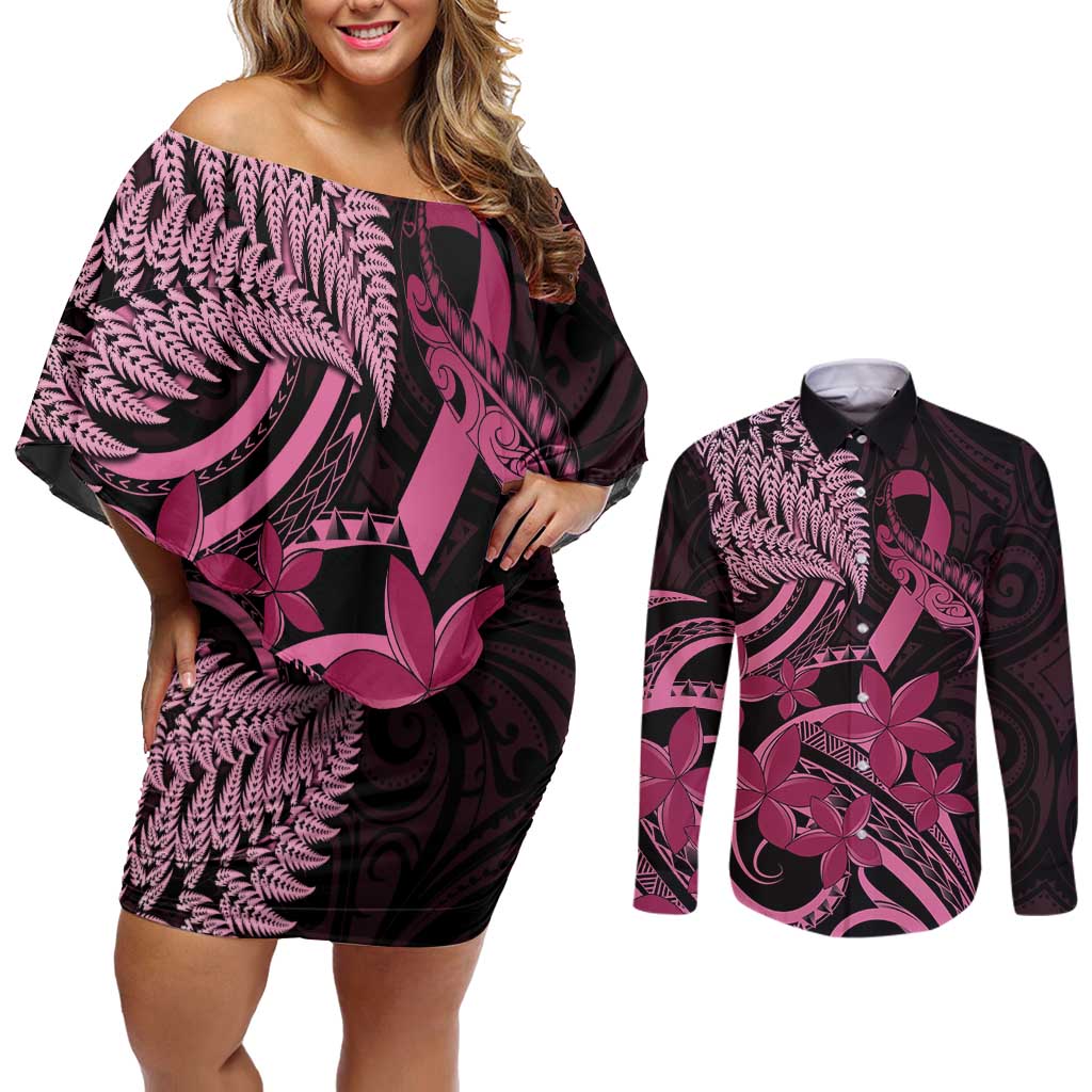 Aotearoa Maori Couples Matching Off Shoulder Short Dress and Long Sleeve Button Shirt Pink Fern Ribbons on Black - Aussie Hoodie