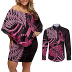 Aotearoa Maori Couples Matching Off Shoulder Short Dress and Long Sleeve Button Shirt Pink Fern Ribbons on Black - Aussie Hoodie