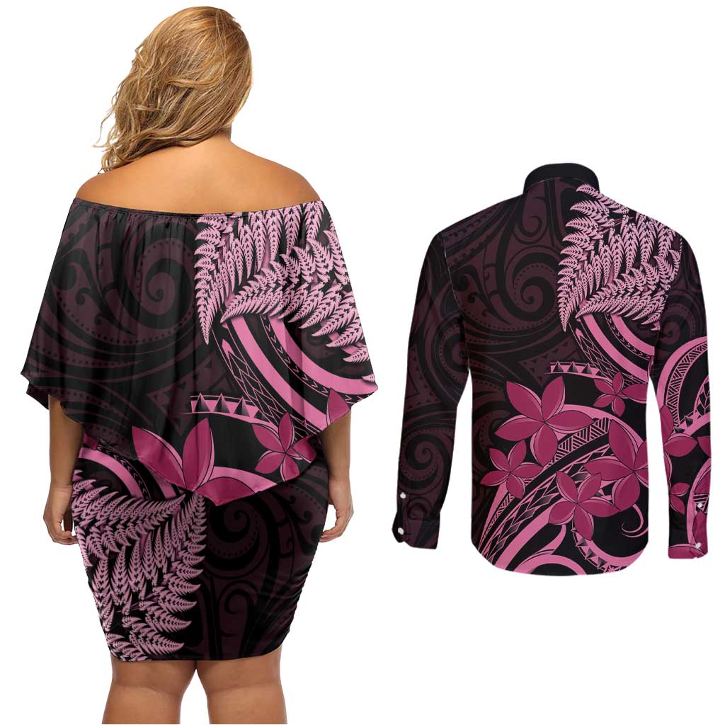 Aotearoa Maori Couples Matching Off Shoulder Short Dress and Long Sleeve Button Shirt Pink Fern Ribbons on Black - Aussie Hoodie