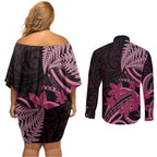 Aotearoa Maori Couples Matching Off Shoulder Short Dress and Long Sleeve Button Shirt Pink Fern Ribbons on Black - Aussie Hoodie