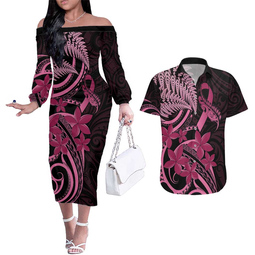 Aotearoa Maori Couples Matching Off The Shoulder Long Sleeve Dress and Hawaiian Shirt Pink Fern Ribbons on Black - Aussie Hoodie