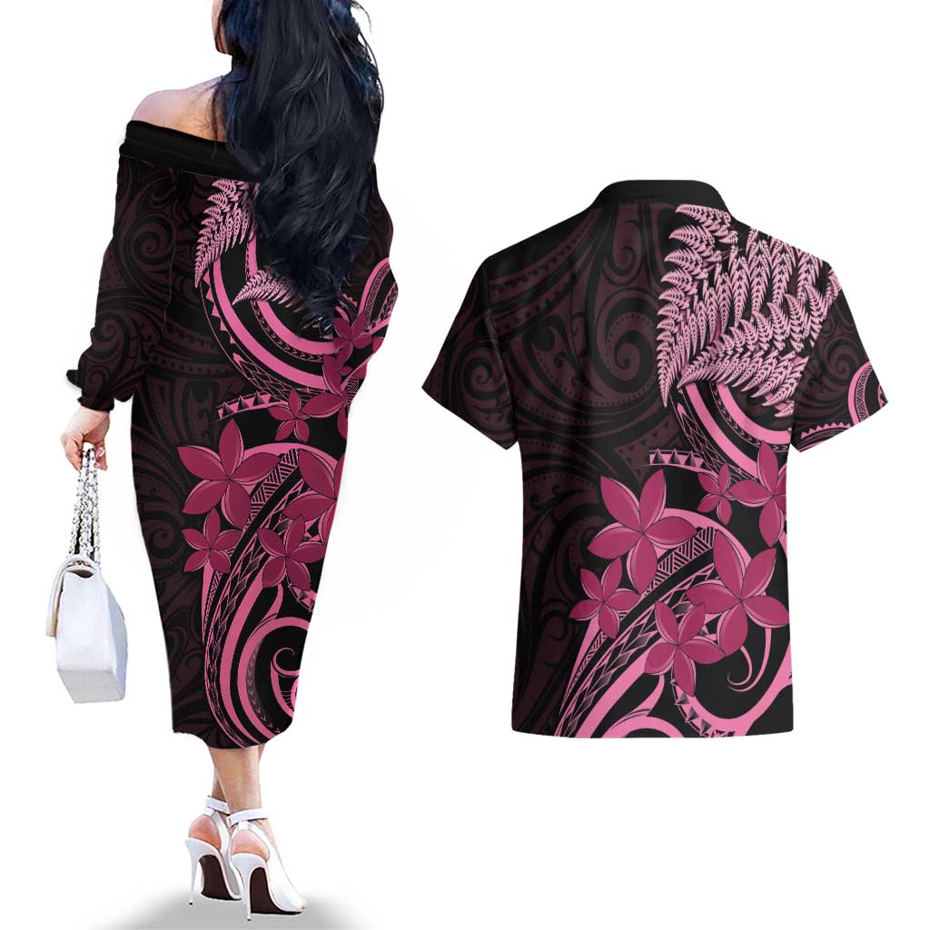 Aotearoa Maori Couples Matching Off The Shoulder Long Sleeve Dress and Hawaiian Shirt Pink Fern Ribbons on Black - Aussie Hoodie
