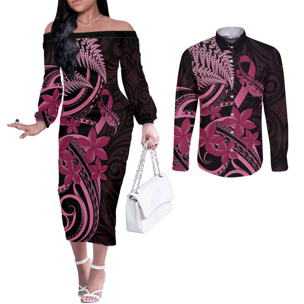 Aotearoa Maori Couples Matching Off The Shoulder Long Sleeve Dress and Long Sleeve Button Shirt Pink Fern Ribbons on Black - Aussie Hoodie
