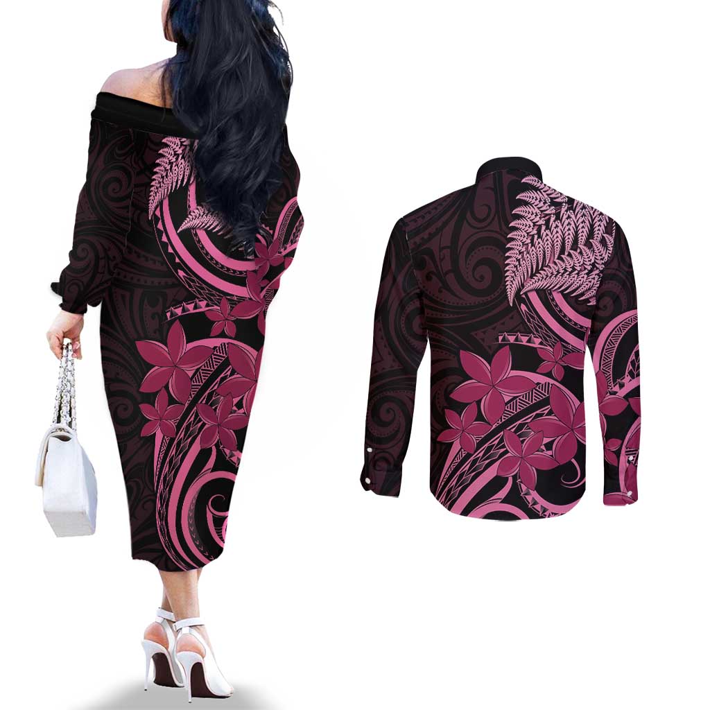 Aotearoa Maori Couples Matching Off The Shoulder Long Sleeve Dress and Long Sleeve Button Shirt Pink Fern Ribbons on Black - Aussie Hoodie