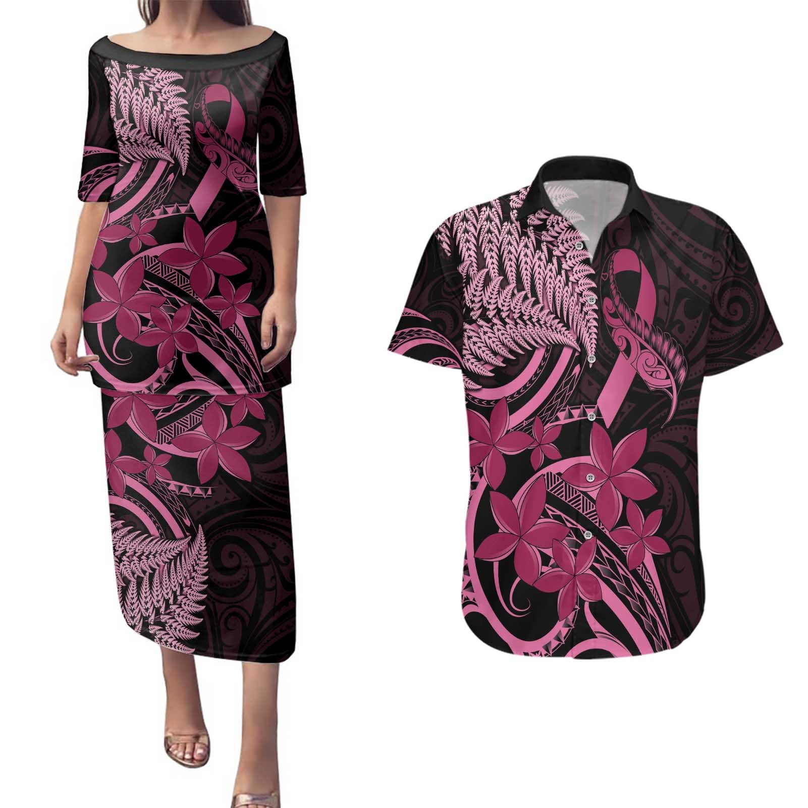 Aotearoa Maori Couples Matching Puletasi and Hawaiian Shirt Pink Fern Ribbons on Black - Aussie Hoodie