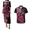 Aotearoa Maori Couples Matching Puletasi and Hawaiian Shirt Pink Fern Ribbons on Black - Aussie Hoodie