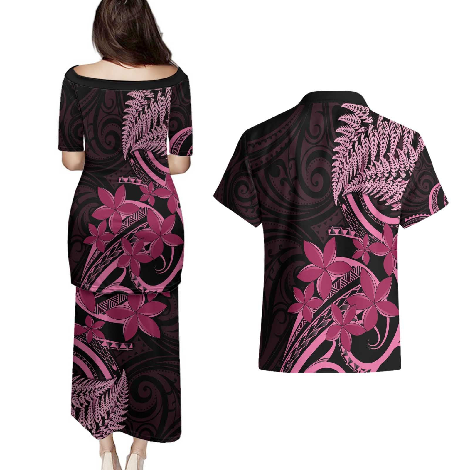 Aotearoa Maori Couples Matching Puletasi and Hawaiian Shirt Pink Fern Ribbons on Black - Aussie Hoodie