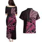 Aotearoa Maori Couples Matching Puletasi and Hawaiian Shirt Pink Fern Ribbons on Black - Aussie Hoodie