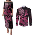 Aotearoa Maori Couples Matching Puletasi and Long Sleeve Button Shirt Pink Fern Ribbons on Black - Aussie Hoodie