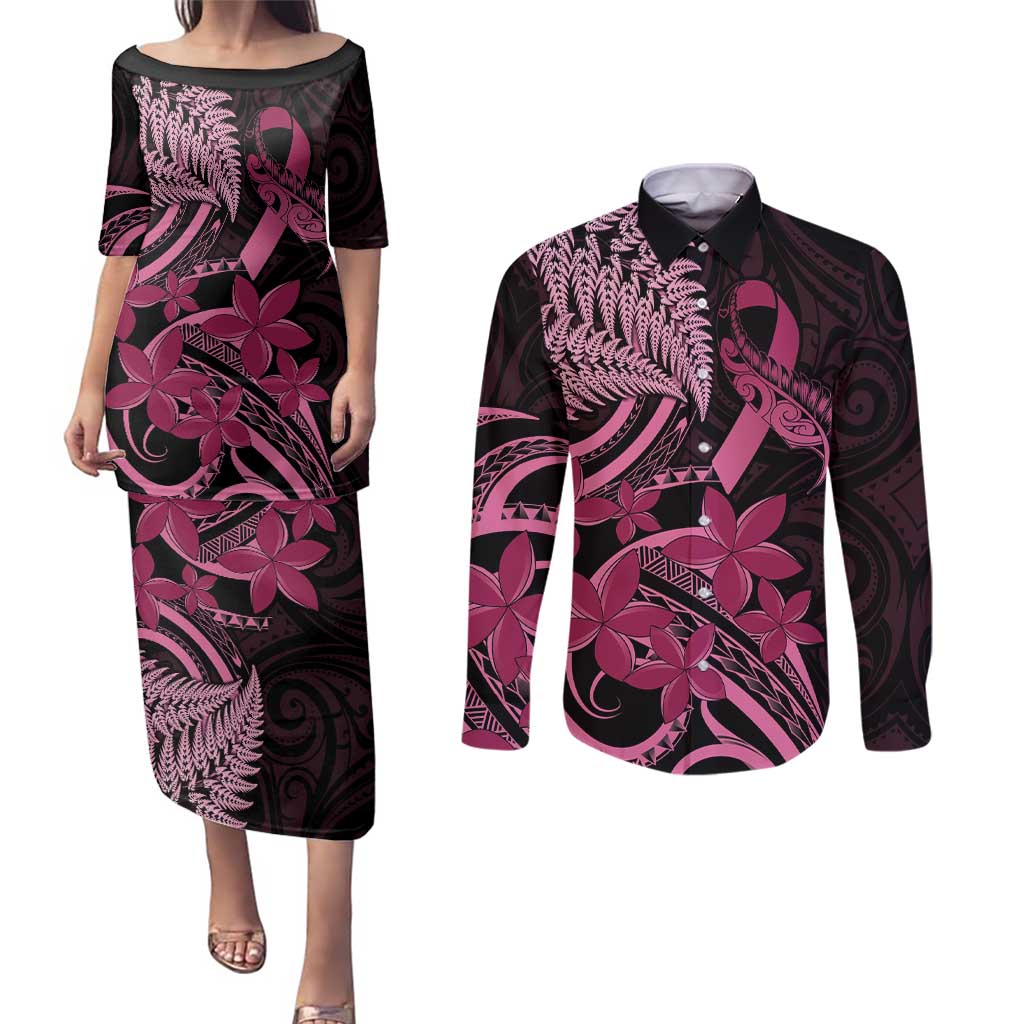 Aotearoa Maori Couples Matching Puletasi and Long Sleeve Button Shirt Pink Fern Ribbons on Black - Aussie Hoodie