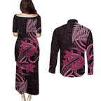 Aotearoa Maori Couples Matching Puletasi and Long Sleeve Button Shirt Pink Fern Ribbons on Black - Aussie Hoodie