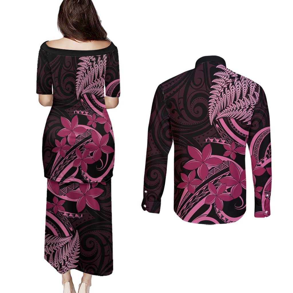 Aotearoa Maori Couples Matching Puletasi and Long Sleeve Button Shirt Pink Fern Ribbons on Black - Aussie Hoodie